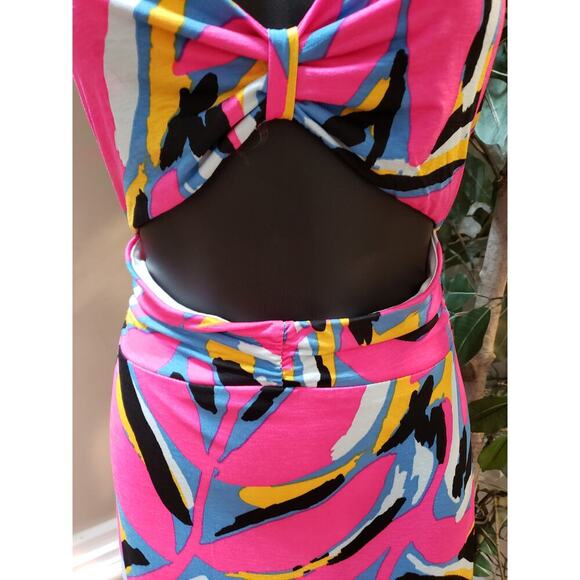 Sevengate Maxi Dress Womens L Multi Geo Print Cut Out Ankle Slit Spaghetti Strap - Picture 9 of 14